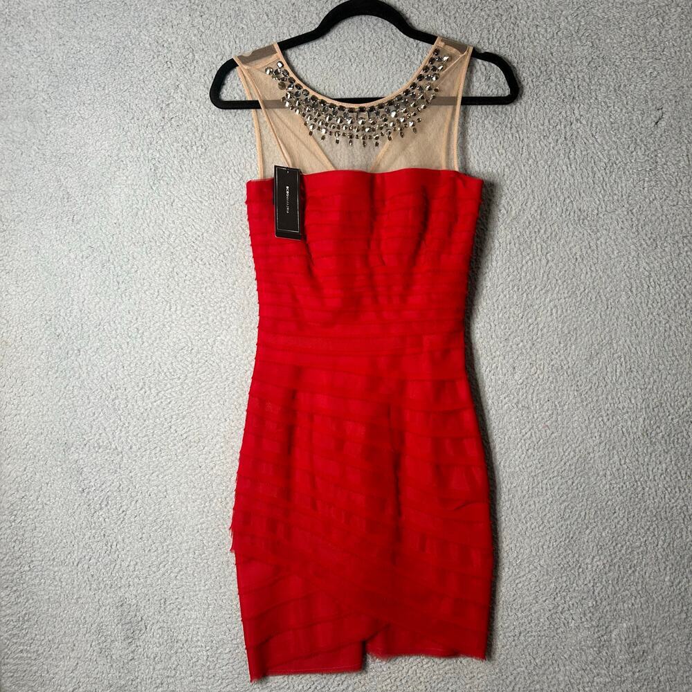 BCBGMAXAZRIA Dress Womens 0 Red Maia Sleeveless‎ Rhinestone Bodycon Dress NEW